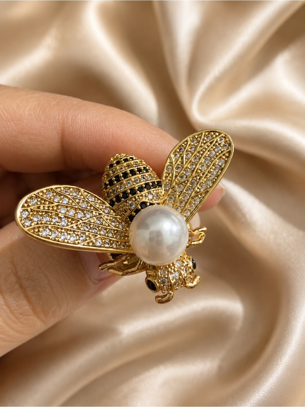 Crystal Bee Pearl Statement Ring Gold Adjustable Cocktail Ring